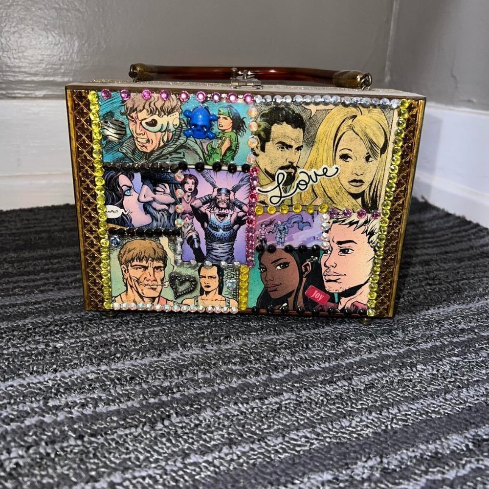 Comic book rhinestone sequin embellished cigar box purse with handle